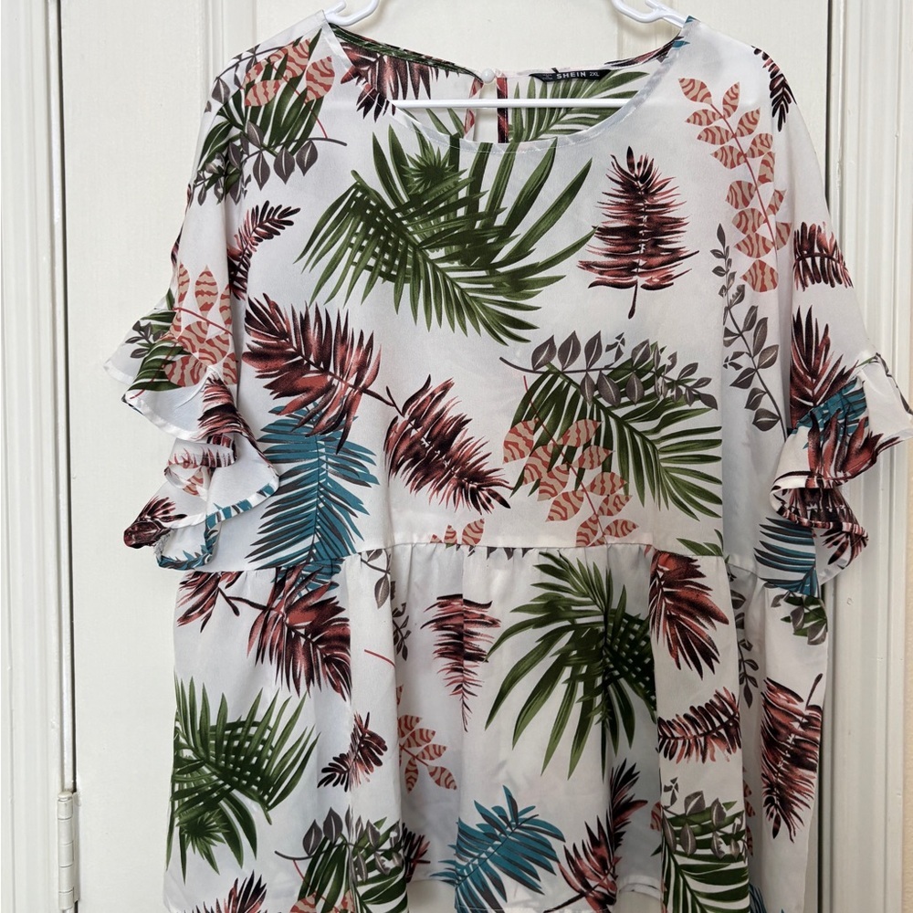 SHEIN White Tropical Leaf Print Ruffle Sleeve Blouse